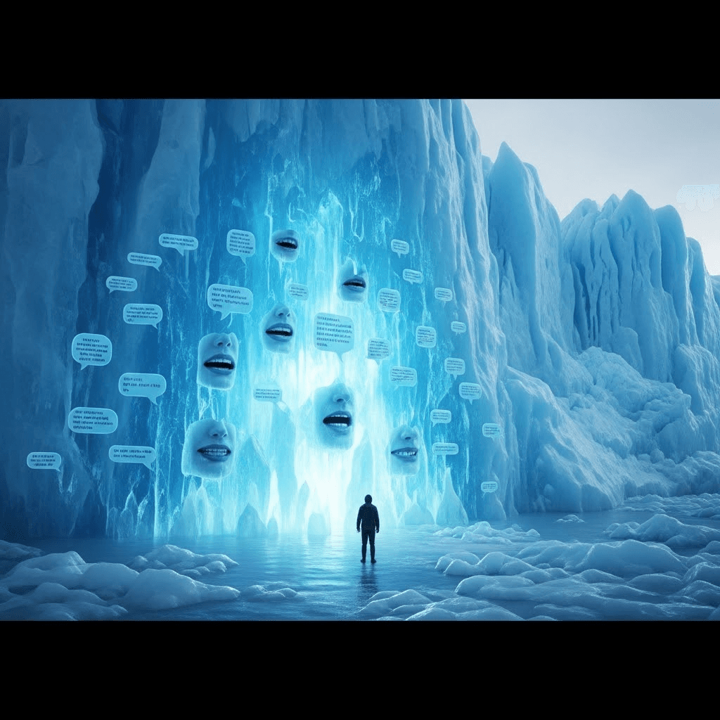 AI generated: A colossal, ancient glacier stretching to the horizon. Inside the ice, frozen mid-speech, are transl...