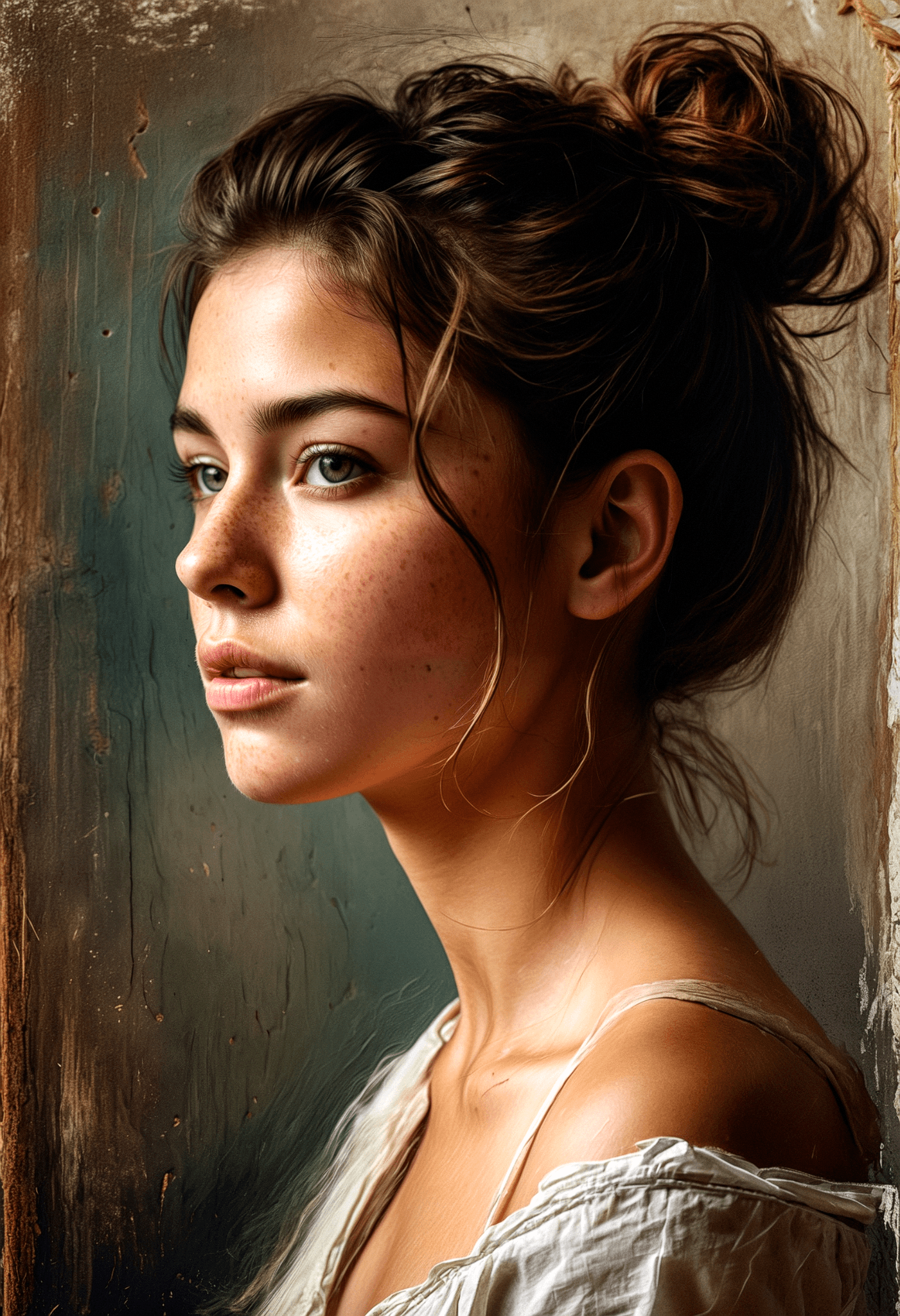 AI generated: A photorealistic portrait of a young woman in profile, turning her head to look directly at the view...