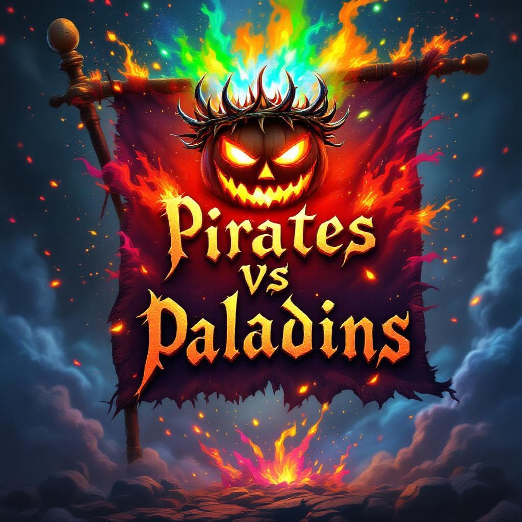 AI generated: Heraldic Steampunk Pirate Flag, featuring a glowing pumpkin crown of thorns, above a luminous fiery ...