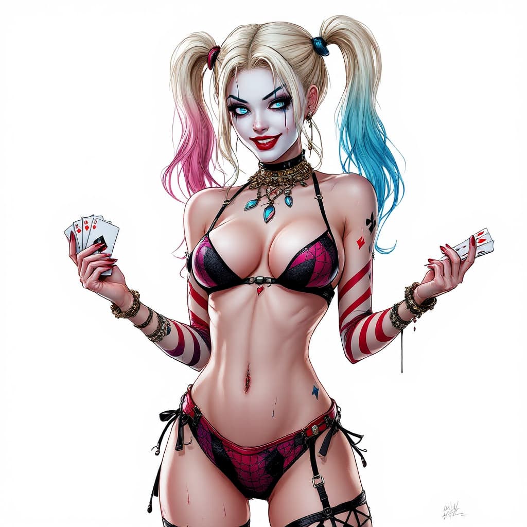AI generated: Harley Quinn full body long shot,  with crystal blue eyes, pretty face,  sexy pose in  her  original...