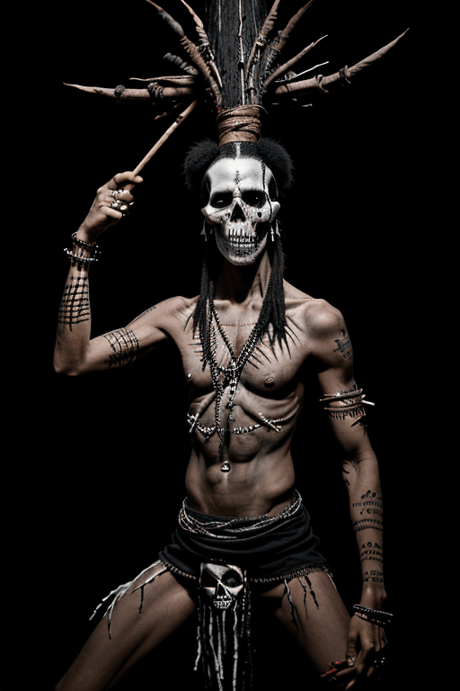 AI generated: Male voodooist's performing voodoo scene,  performing ritual, voodooist's dressed in voodoo clothes,...