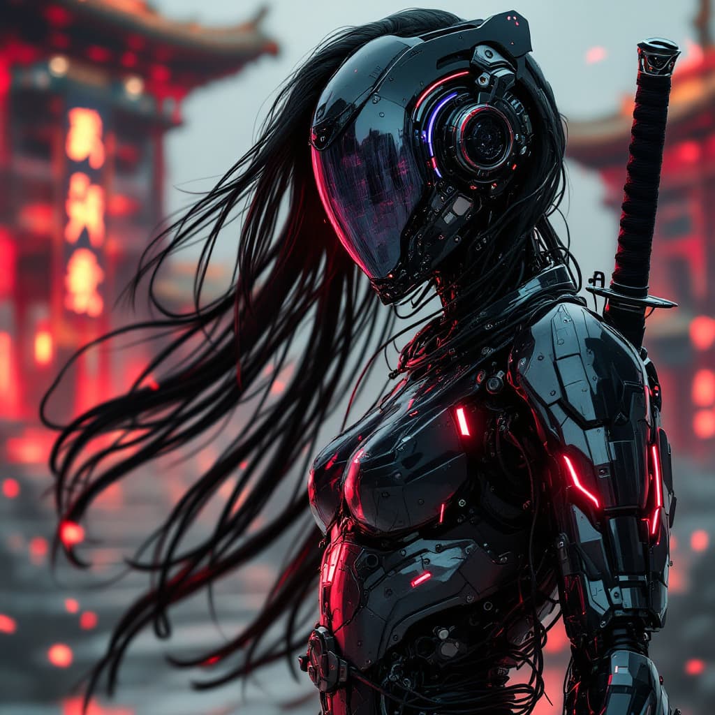 AI generated: in the style of ck-sfc, female cyberpunk robot samurai, robot face with mirrored face shield, hyperd...