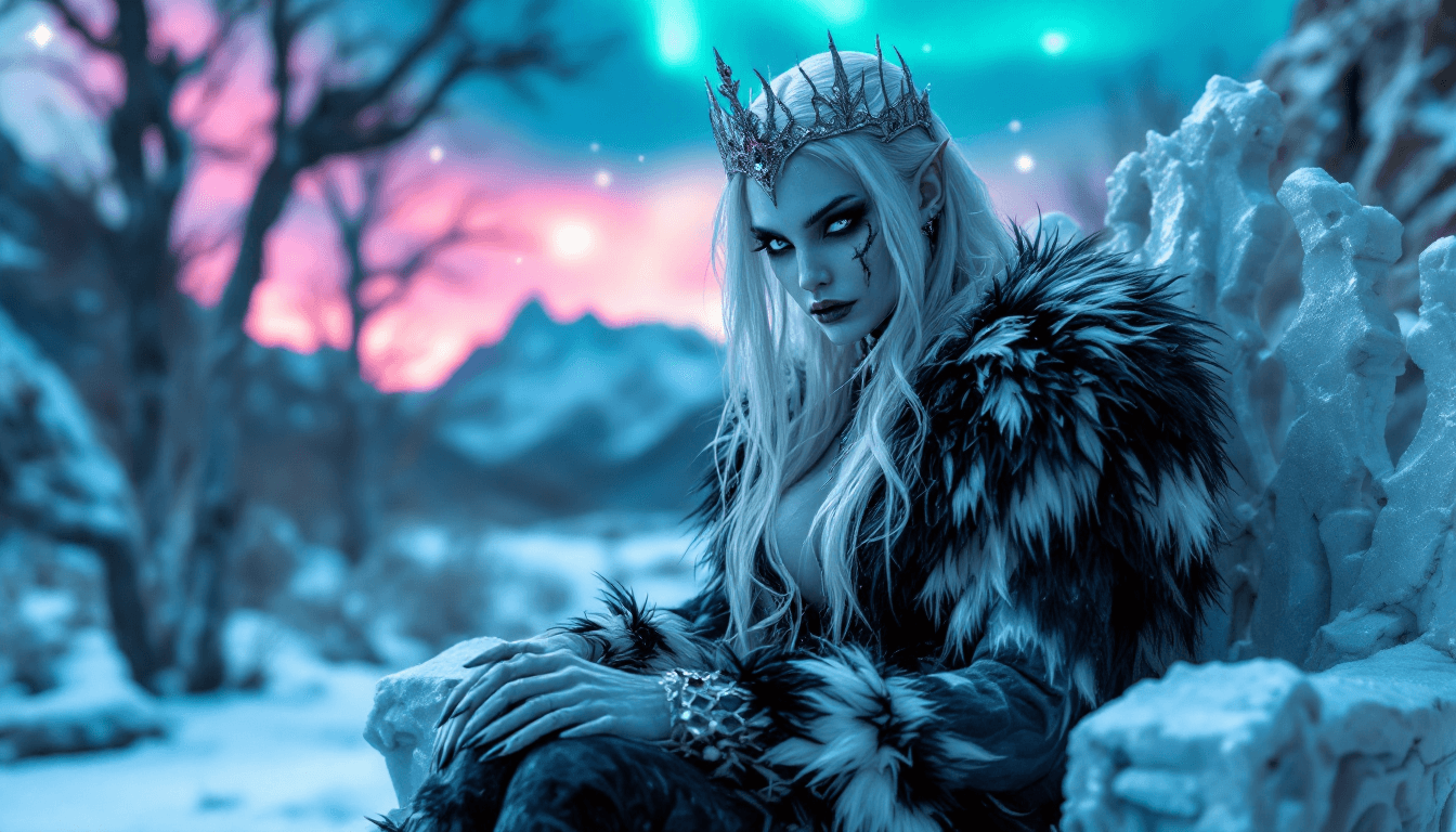 AI generated: 4K, magazine photo shoot quality image of a beautiful 23-year-old platinum blonde ice witch with pie...