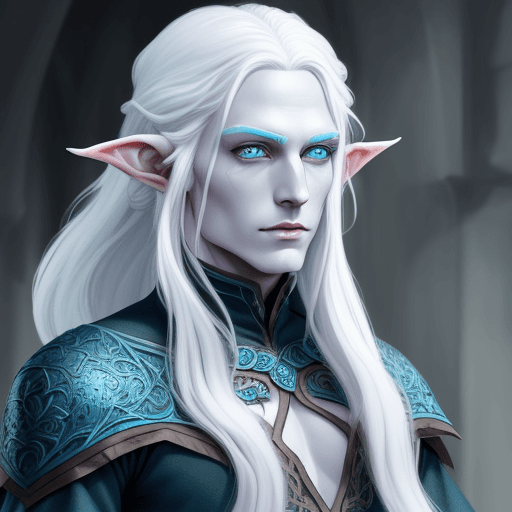 AI generated: DnD Changeling, good looking, elven appearence, pale figure, bright blue eyes, long white hair tied ...