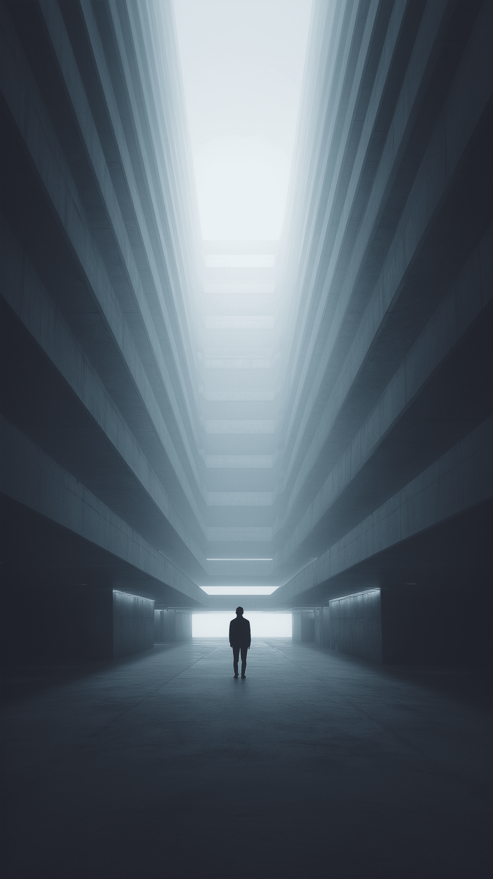 AI generated: high definition architectural photo, brutalist courtyard, surrealistic minimal geometry, one man sil...