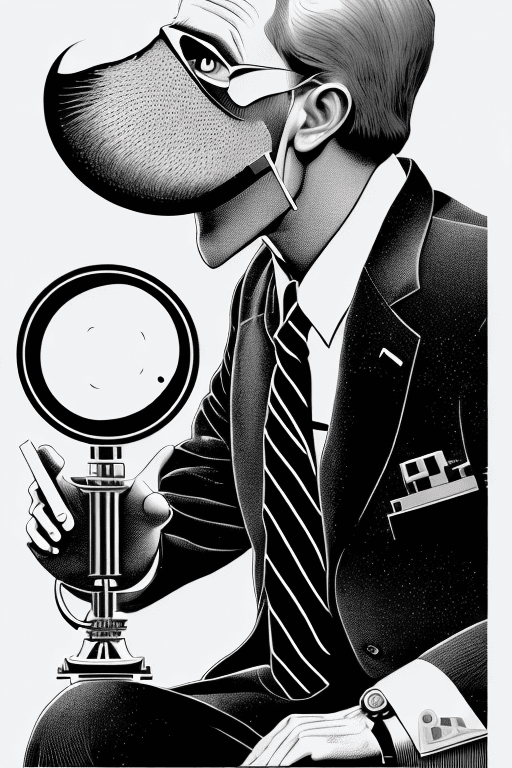 AI generated: A shockingly detailed monochromatic vector illustration of "Mr. Wolfe" examining a strange and other...