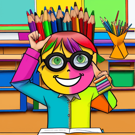 AI generated: colorfull crayons out of the box similar to a humans with face, eyes, eye glasses in a classroom usi...