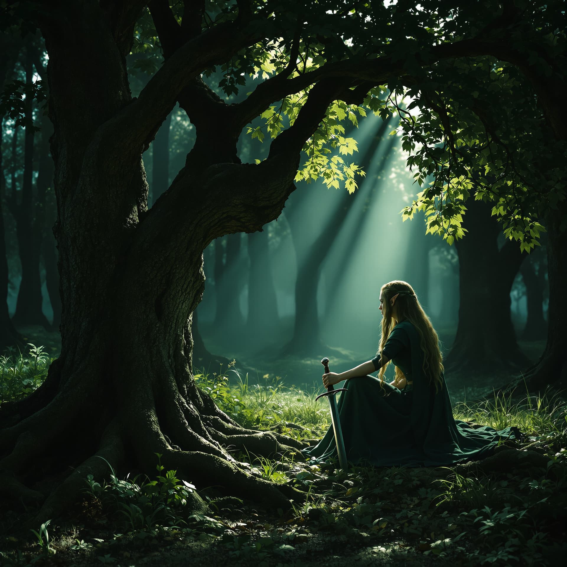 AI generated: female lord of the rings warrior elf sitting under a tree in Lothlórien, watching and expecting an i...