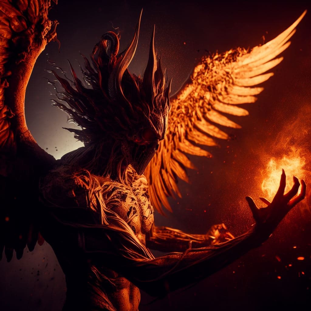 AI generated:  A Demon from hell,in a fantasy world,very inspired by H.R.Giger and Guillermo del Toro,fire and lig...