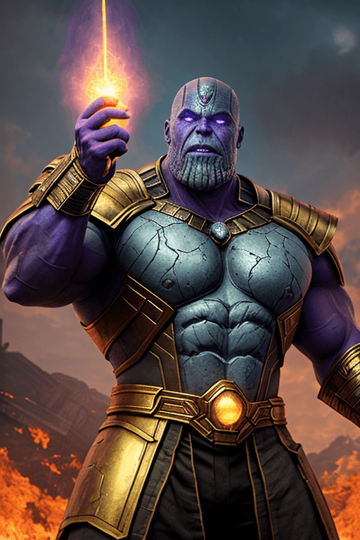 AI generated: Scary ancient thanos holding an ((infinity stone)) in his hand, proud pose, muscular body, heavy gol...