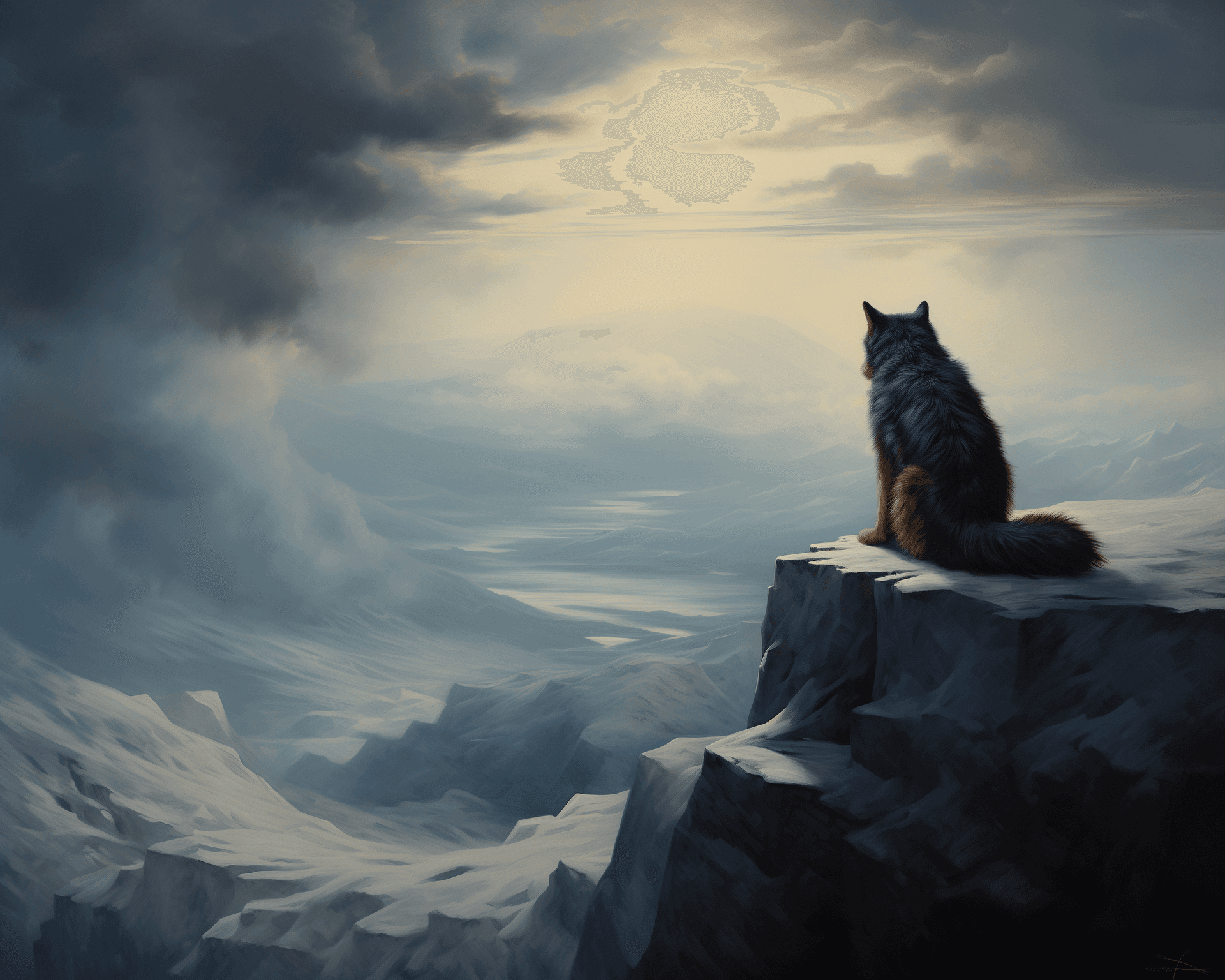 AI generated: The man stands on the edge of an icy cliff, overlooking vast snow-covered plains and distant mountai...