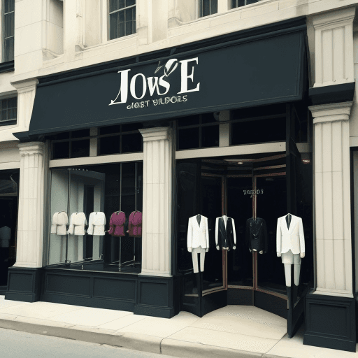 AI generated: the exterior of a suit store, the name of the suit store being "MJ SUITS" 