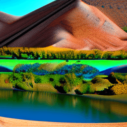 AI generated: Hi resolution photography, lake in a full of vegetation landscape with animals in Mars.