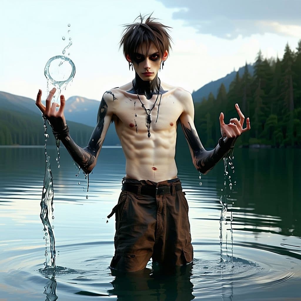 AI generated: very skinny goth punk guy, no muscles but wiry, thin, in extra large brown pants, shirtless, shaggy ...