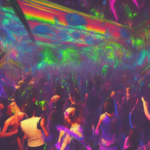 AI generated: Hyper realistic eye level exterior photo of a person dacing on a psytrance party, night, psychedlic,...