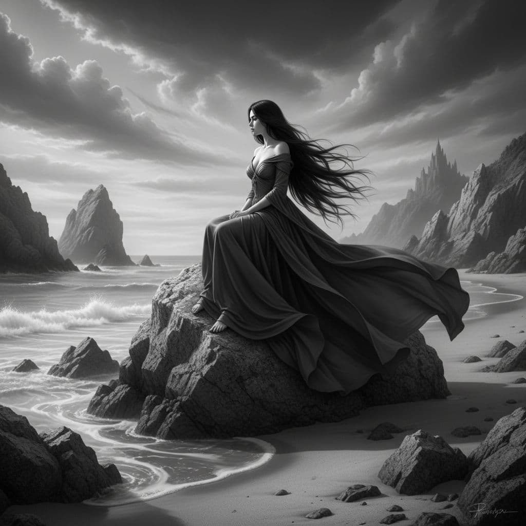 AI generated: fantasy pretty girl wearing long dress long black hair sit in big stone on the beach without colour 