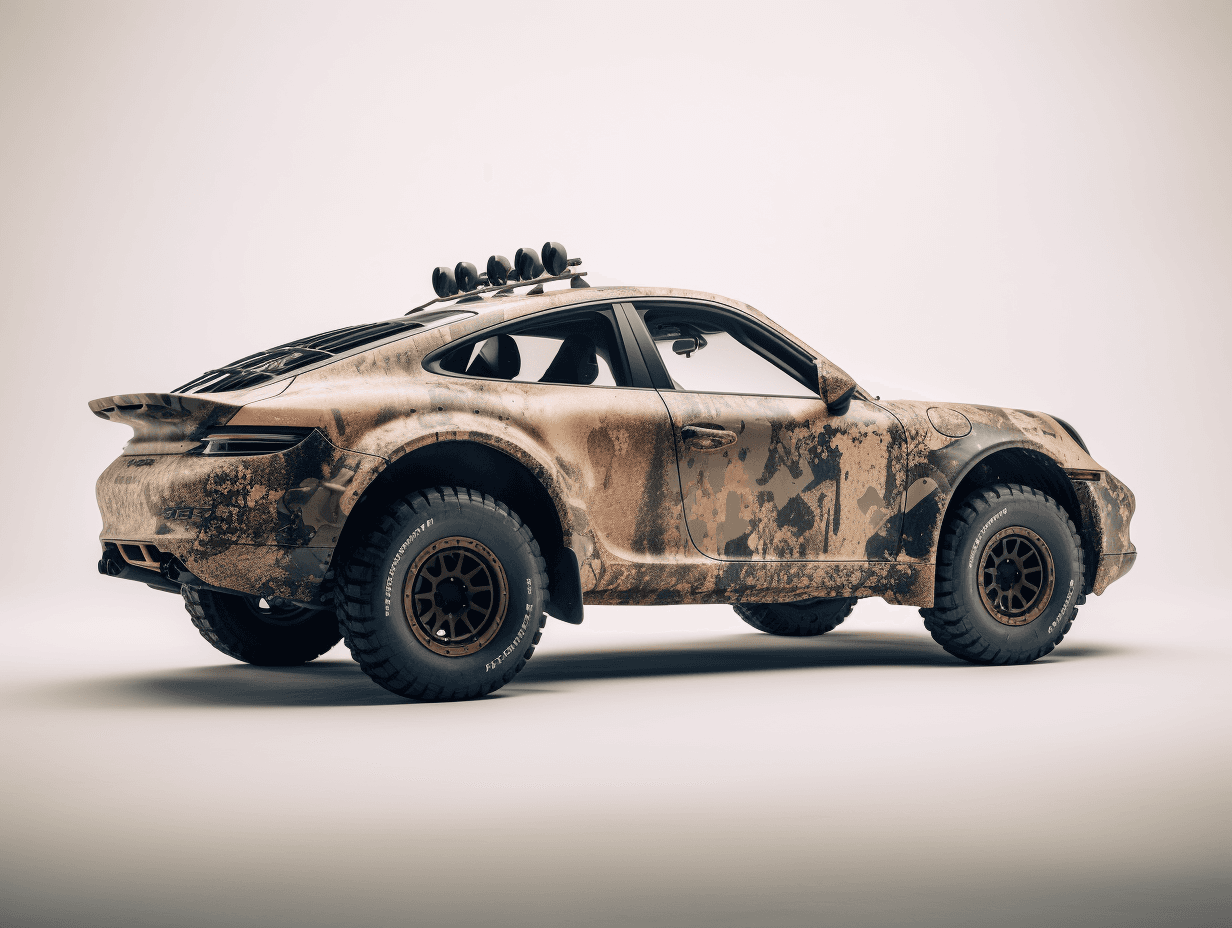 AI generated: create an image of a Porsche 911, off-road styling, very high suspension, off-road tires, camouflage...