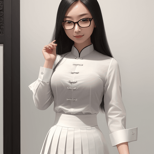 AI generated: Chinese beauty with white shirt, pleated skirt, and glasses