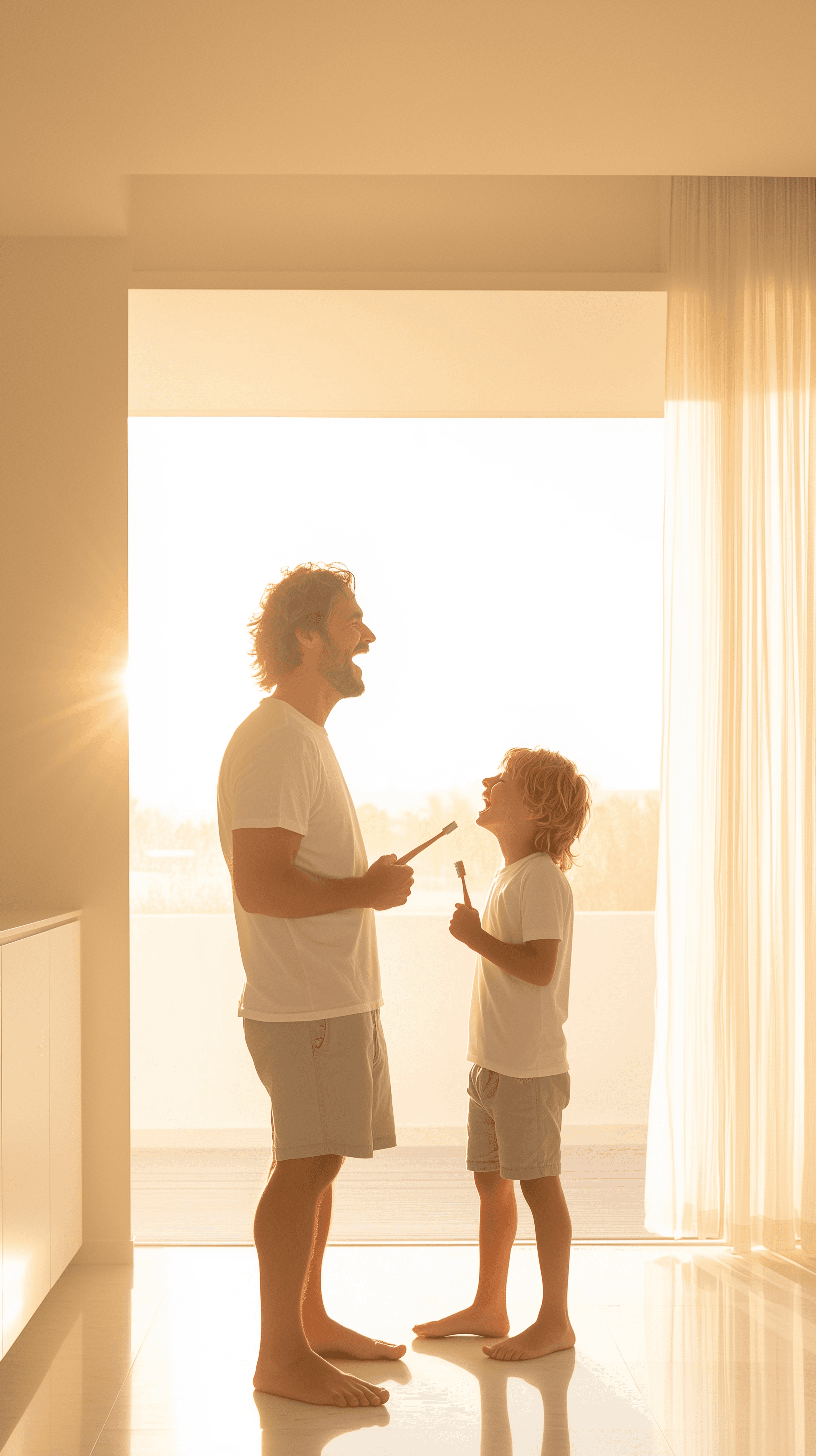 AI generated: high definition photography, candid shoot, father and son brushing teeth together, in minimalist bat...