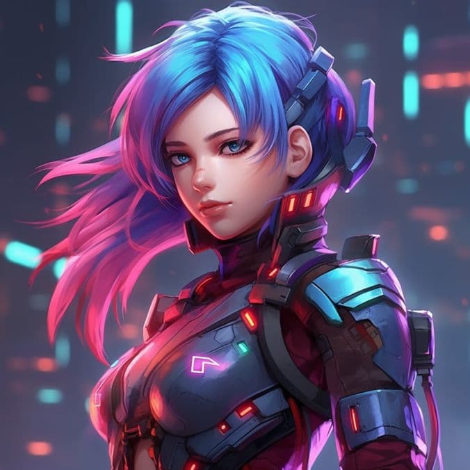 AI generated: (girl:1.2), (blue and red Gundam armor:1.2), (purple hair:1.2), (braids:1.2), (extreme details:1.2),...