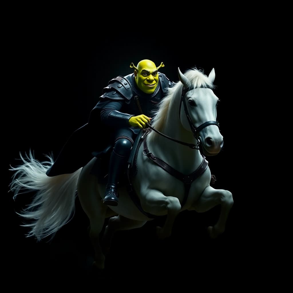 AI generated: Dynamic motion, intense jet black, Shrek, a celestial knight in black armor, riding a white pony, br...