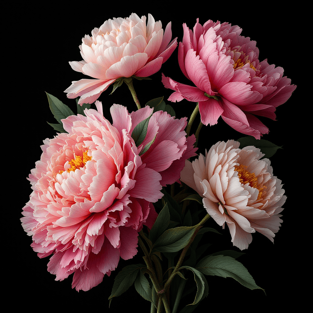 AI generated: Black background, the peony bouquet is on the left side of the whole picture, and the peony bouquet ...
