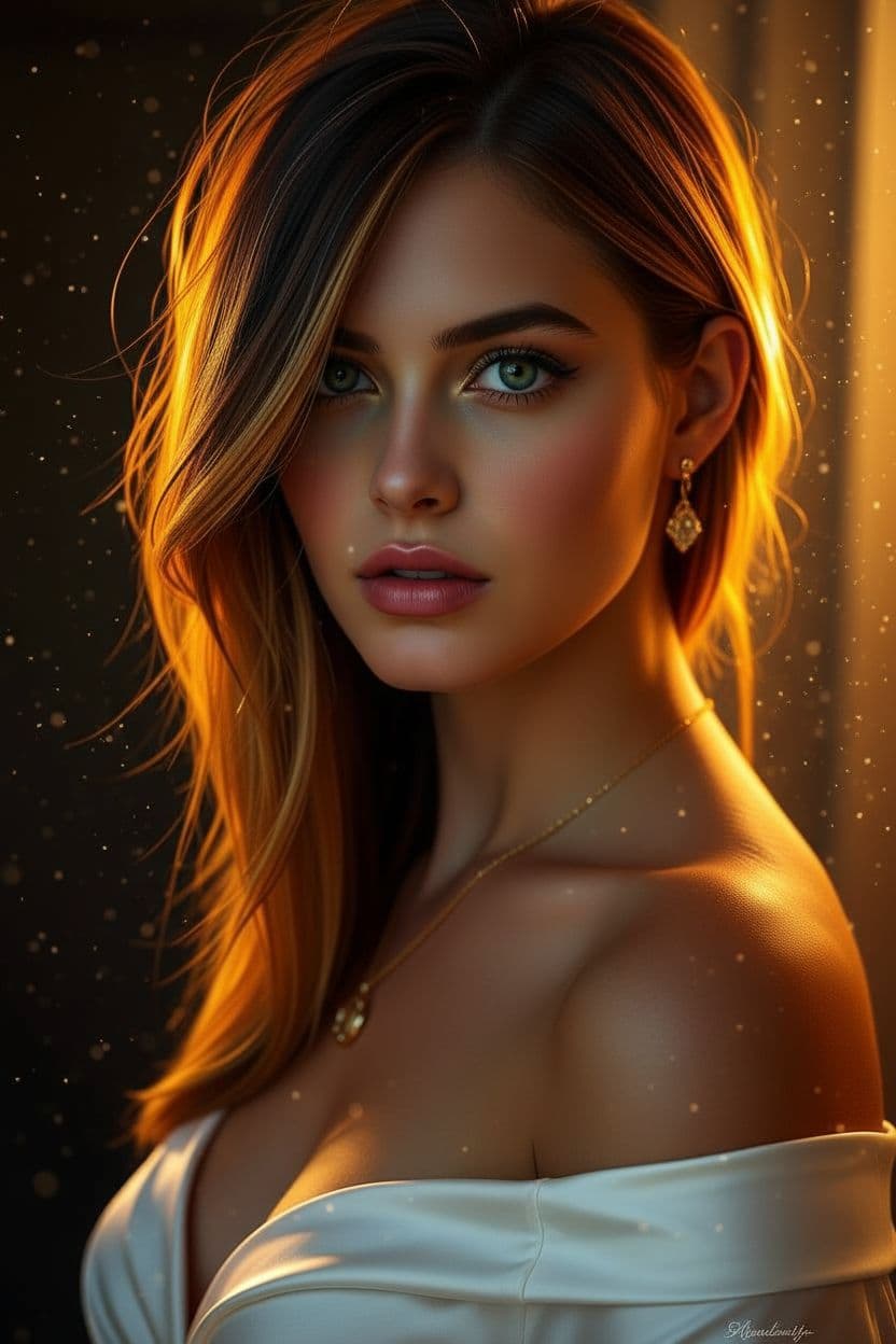 AI generated: "Fine art photography, head and torso portrait, warm light, soft saturation, early 20's supermodel, ...