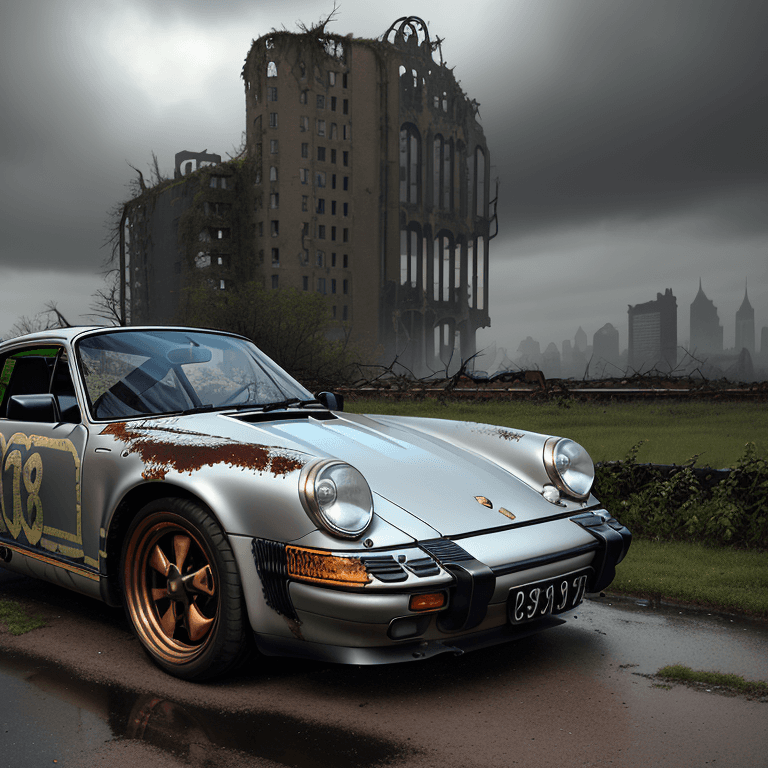 AI generated: <lora:911SD:0.6> masterpiece, photo of a Porsche 911SD, (((911SD with steampunk wheels and steampunk...