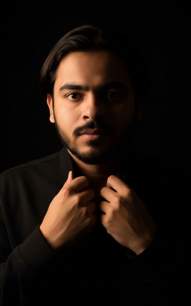 AI generated: A dramatic low-key portrait of a young man with a neatly groomed beard, standing against a completel...