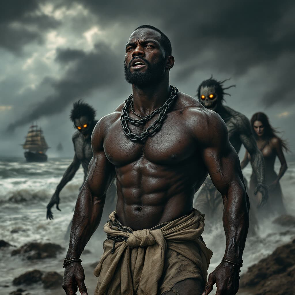 AI generated: "A muscular Black man in the 1700s stands on the shores of Africa, his dark skin glistening with swe...