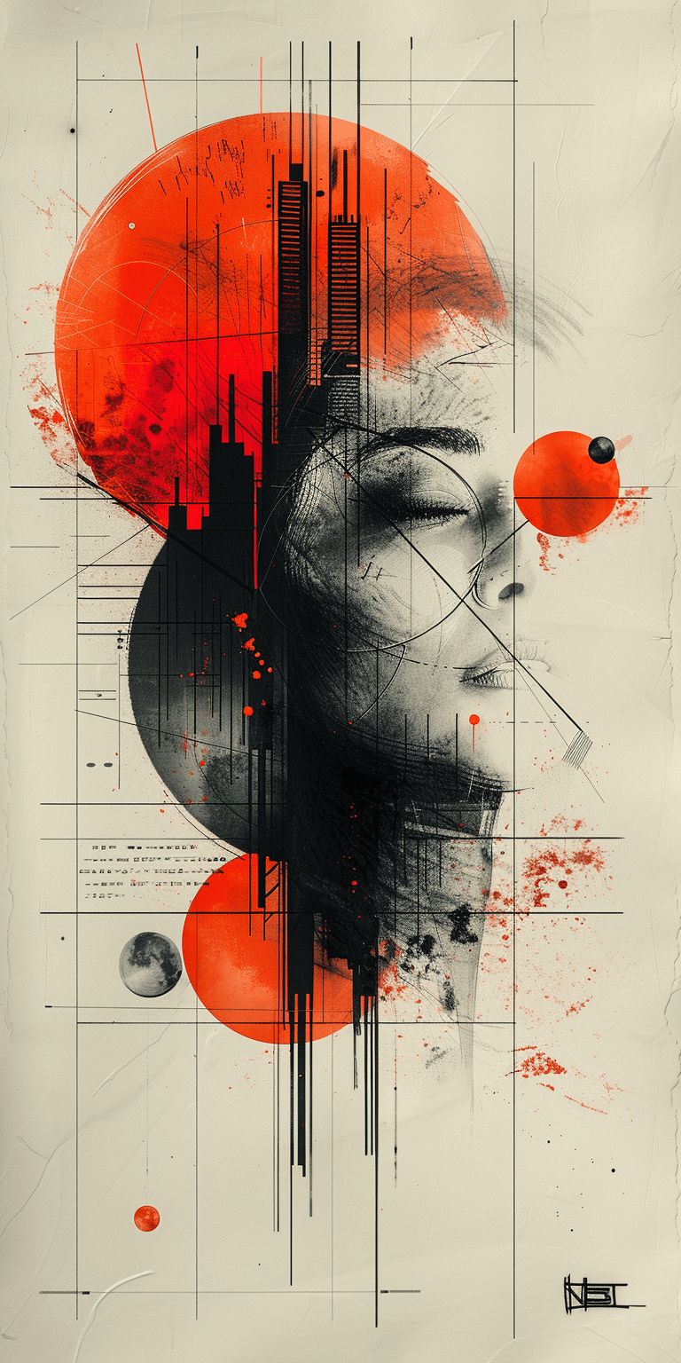 AI generated: A collage of various abstract shapes and lines, with red accents, on white paper, composition includ...
