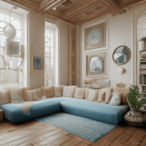 AI generated: High resolution photography interior design, dreamy sunken living room conversation pit, wooden floo...