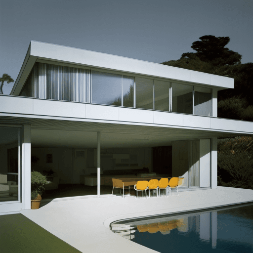 AI generated: Hyper realistic eye level exterior photo of a mid century modern style house overlooking the ocean, ...
