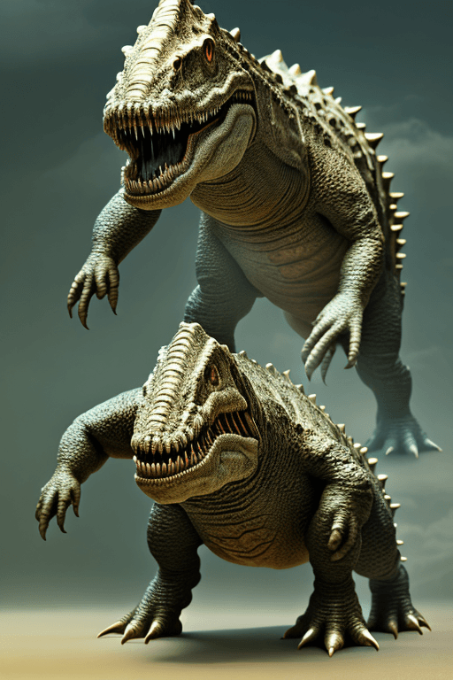 AI generated: titanosaurus, giant walking spinosaurus on hind legs, head of a newt, spinosaurus, large dorsal sail...