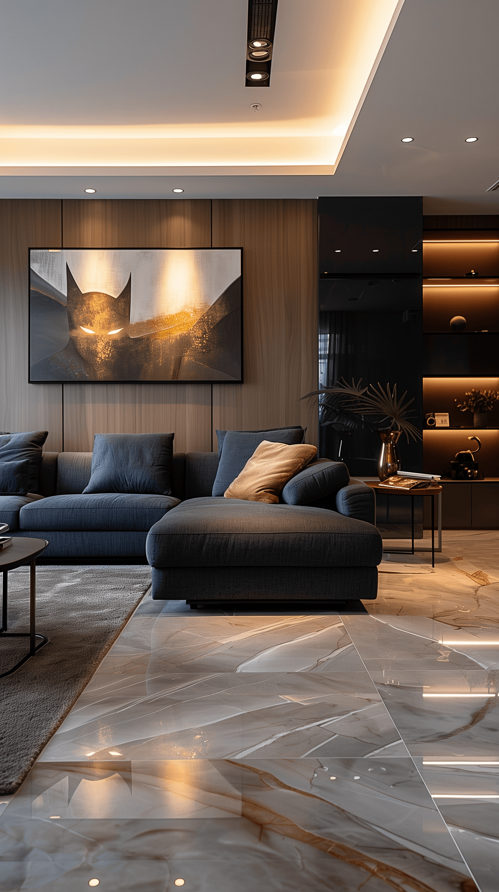 AI generated: photograph, contemporary lounge, morning, polished tile slab, rug features, Batman illustration art ...