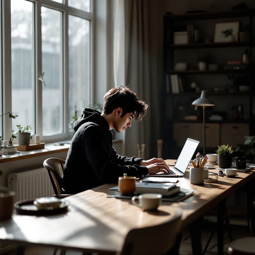 AI generated: modern, minimalist workspace, focused designer korea hansome young man silhouete at a wood desk, sur...