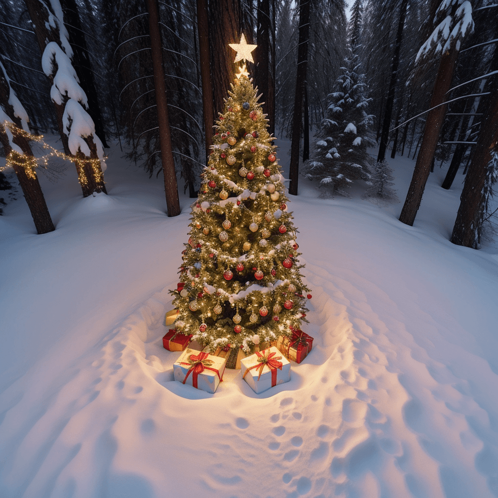 AI generated: high_angle_effect aerial angle seflie photo of a christmas tree decorated with balls and multi-color...