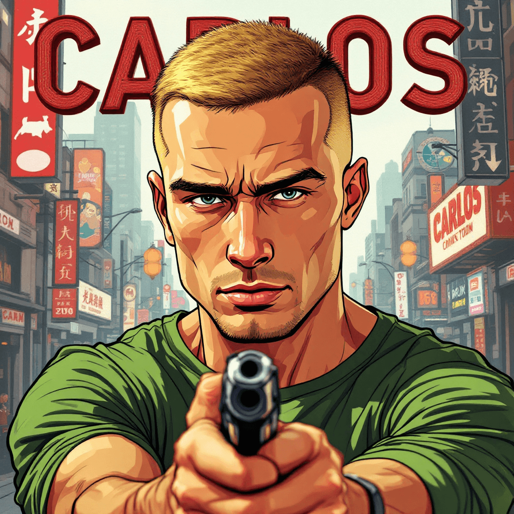 AI generated: Cartoon illustration, comic book cover featuring a handsome blond Russian man, short buzz cut hairst...