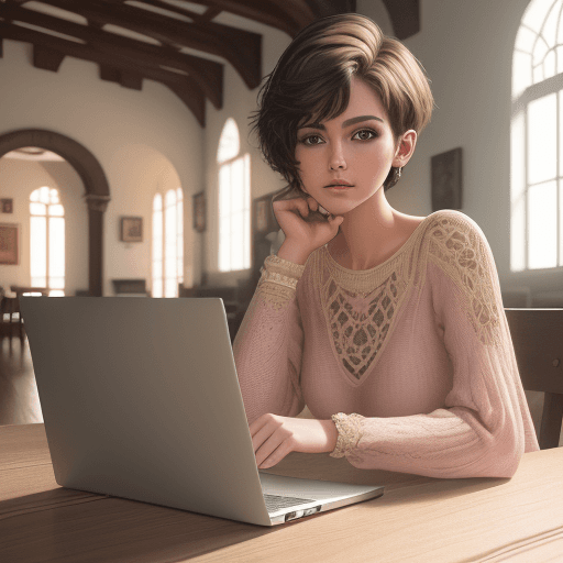 AI generated: High resolution photography of a short-haired brown-haired slim-face slim woman, studying Spanish la...