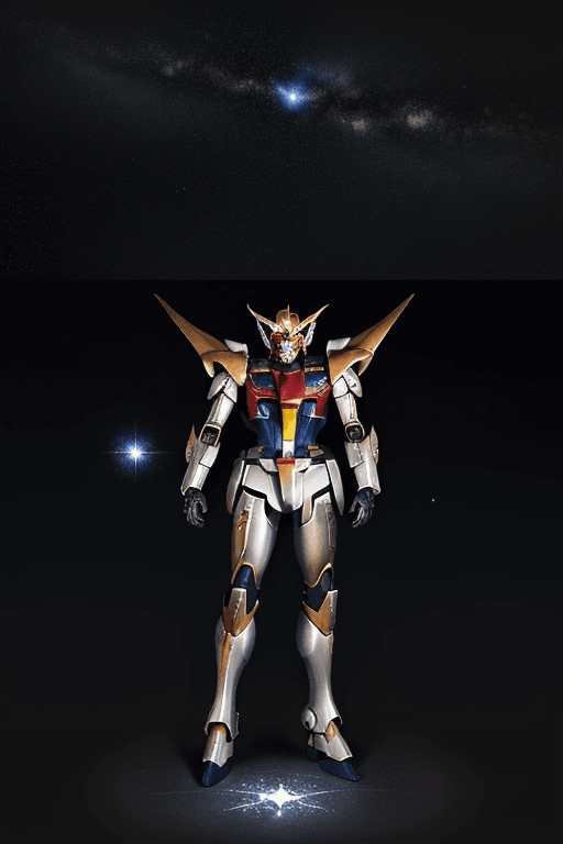 AI generated: gundam barbatos,  full pose, surrounded by glowing star, black space background, ,metalrealism, high...