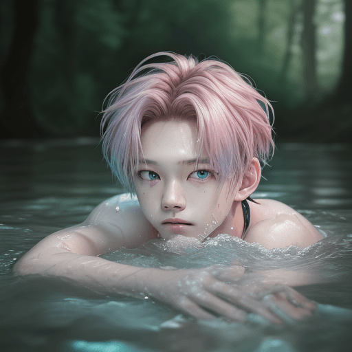 AI generated: stray kids felix lee kpop on a river by the woods, submerged, with blue eyes, pink wet hair, depth o...