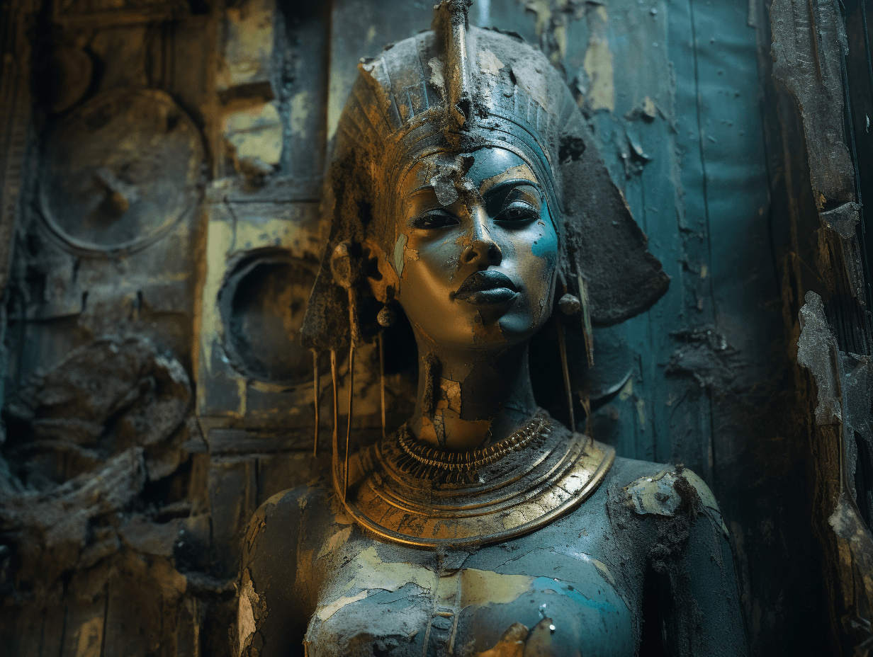 AI generated: Image of an ancient bas-relief ruined by time, 19th century illustration, daguerreotype, (by boris k...