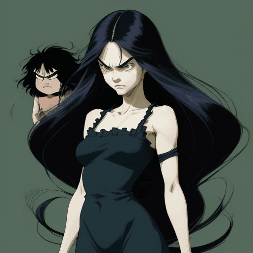 AI generated: a woman with long hair and big shoulders, with angry eyes, in the style of quirky manga art, bill wa...