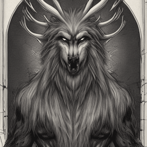 AI generated: Huge werewolf with long white hair. It has large antlers at the top of its head. It's wearing an old...