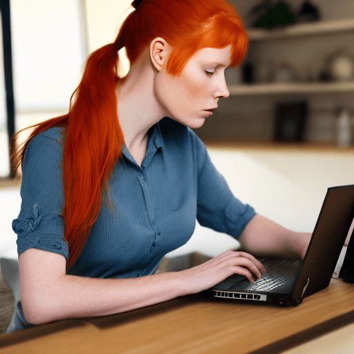 AI generated: photo of a beautiful ginger woman working at her laptop, hair is in a ponytail