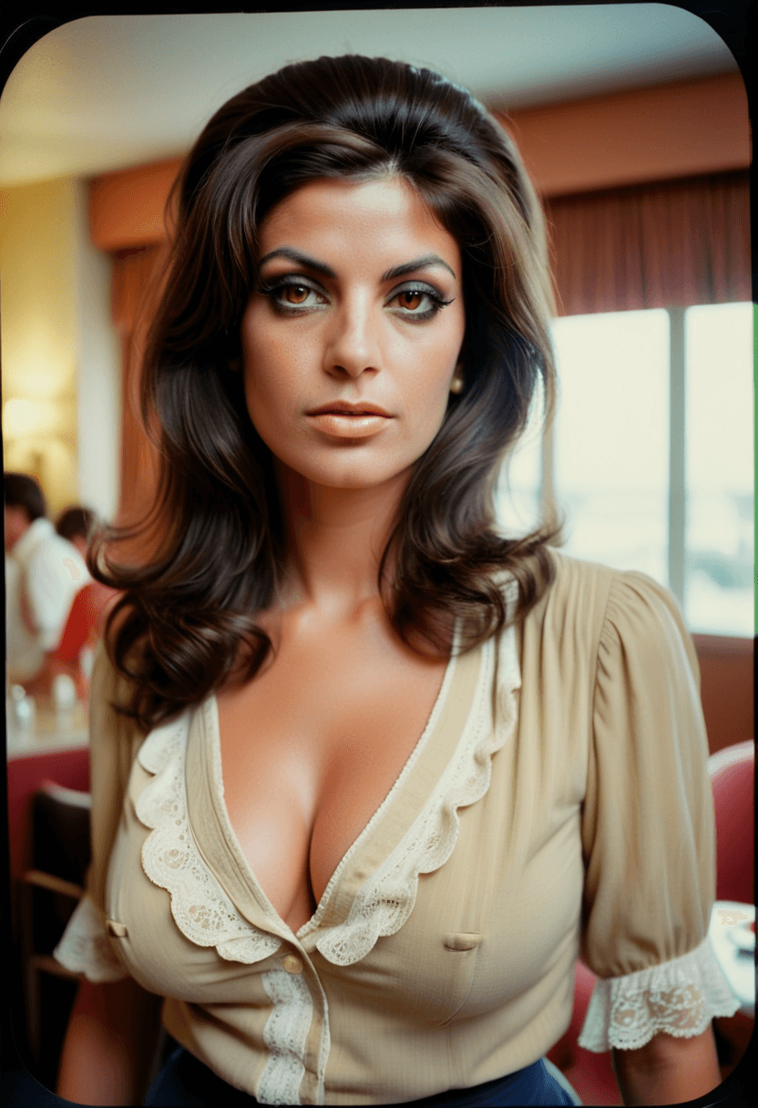 AI generated: analog color film glamourous photograph of a Portuguese woman, dark colored eyes, layered brunette h...