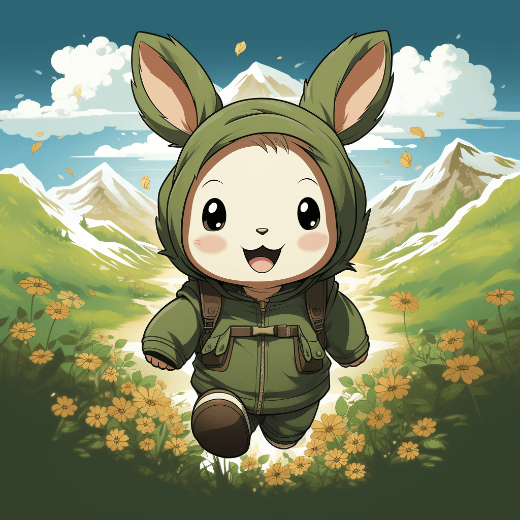 AI generated: T-shirt design logo, playful bunny anime character hopping in the meadow, Japanese Art, whimsical st...