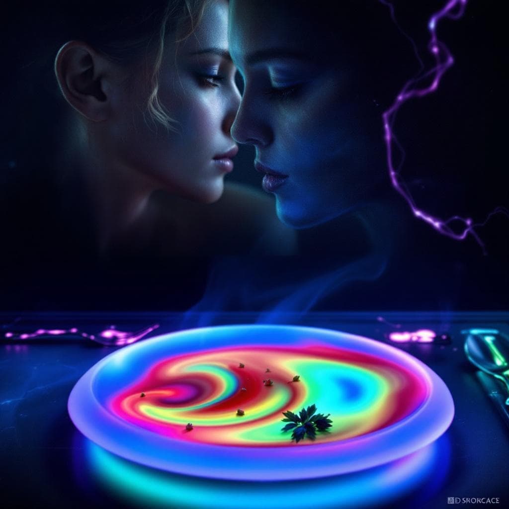 AI generated: Give a visual of these dishes. •	Meals are served on kinetic platters that rotate to stimulate neura...