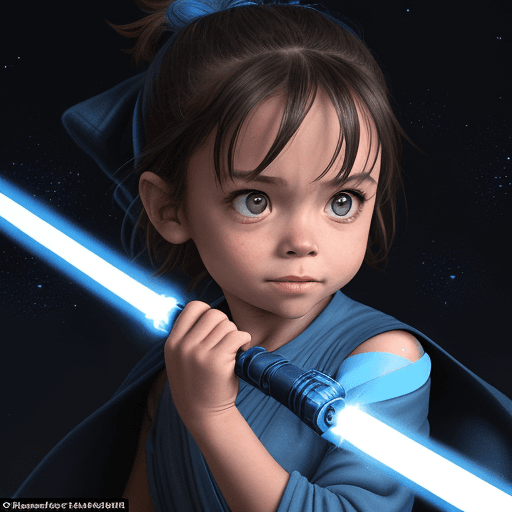 AI generated: In a galaxy far, far away, a small but mighty jedi wields a sparkling blue lightsaber, her cute and ...