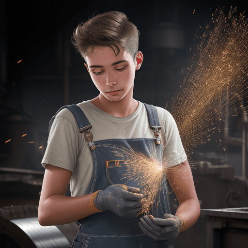 AI generated: A young worker in overalls at a diamond processing machine. Background sheaf of sparks. Leica 50mm, ...